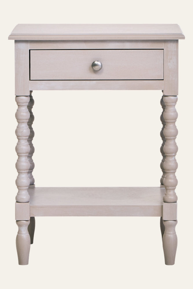 Arlen Bobble Drawer Side Table in light washed wood finish with one drawer and round metal knob, turned bobble legs and lower shelf