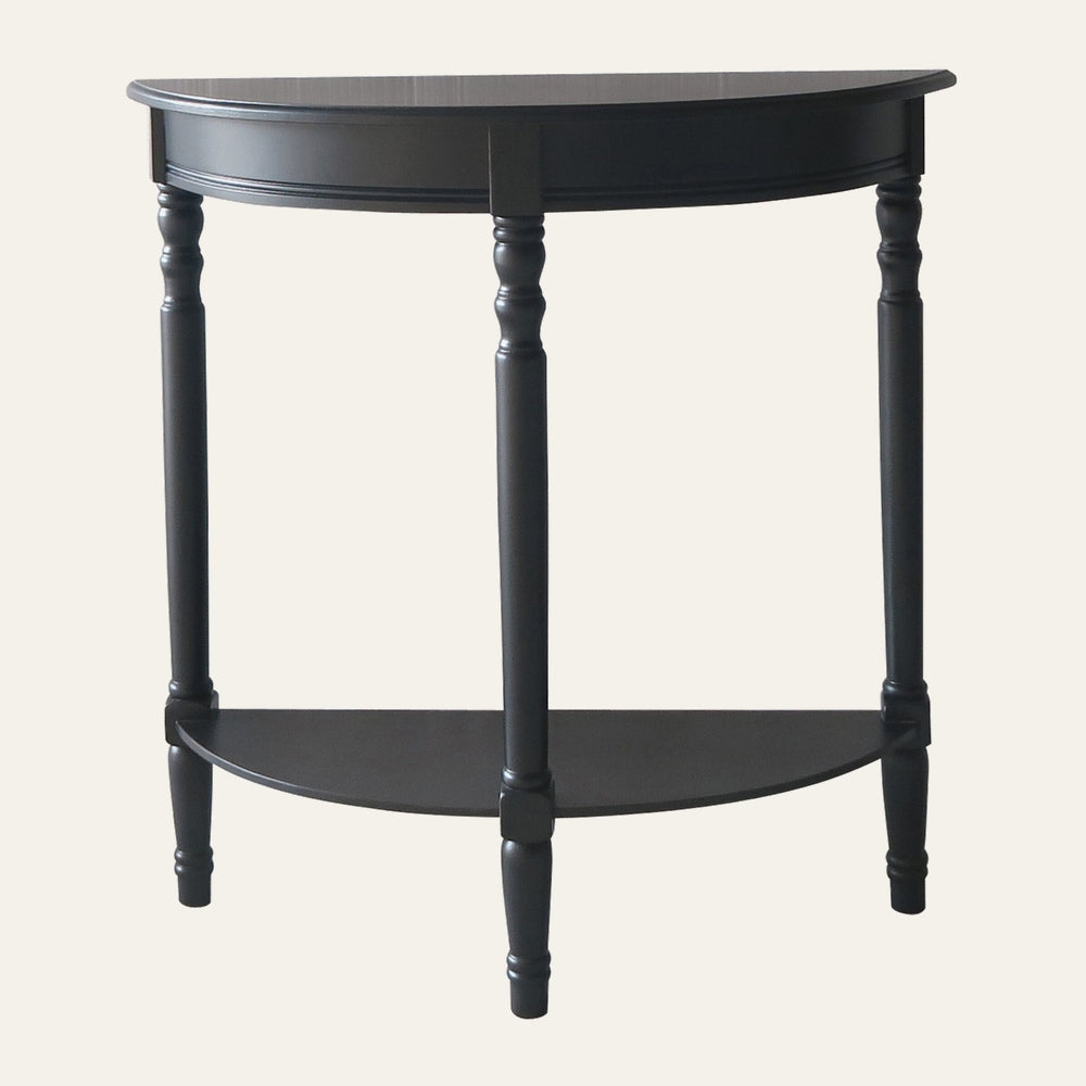 Arlen Half Moon Console Table, black painted wood half-moon top with turned legs and lower semicircular shelf
