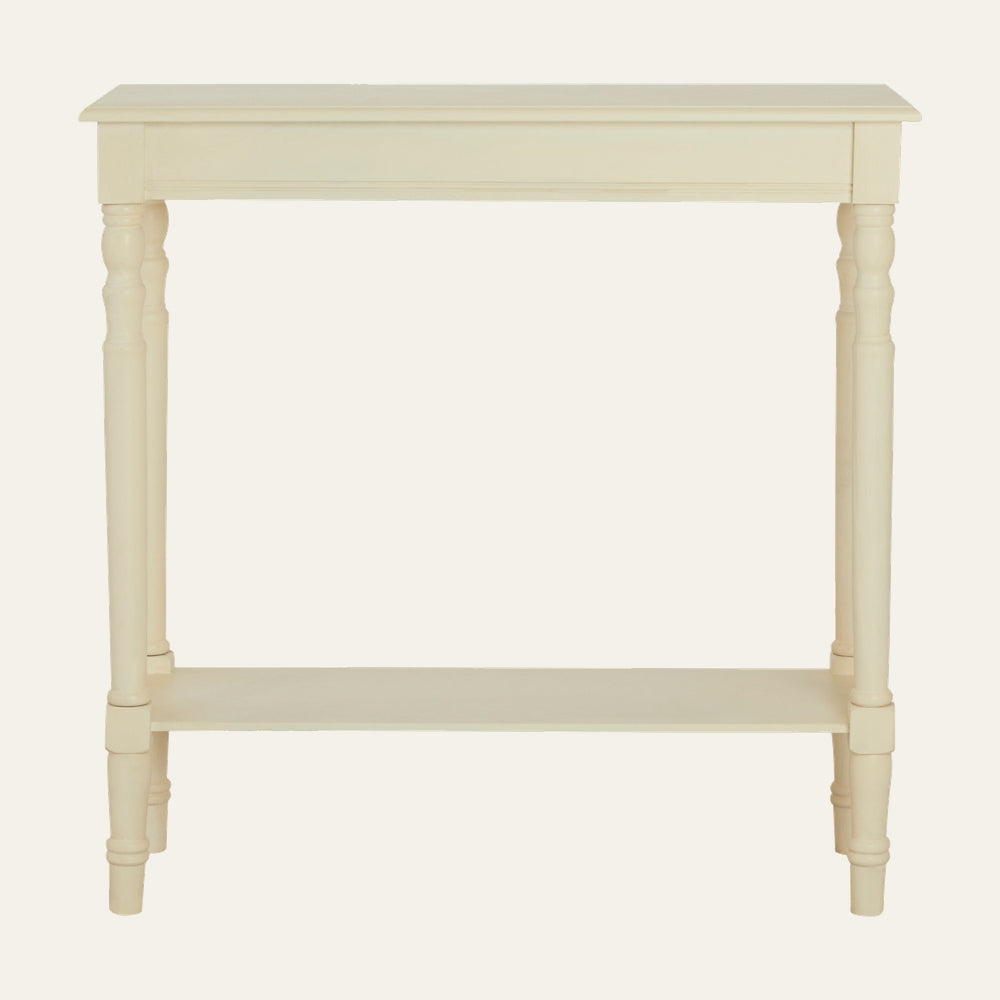 Arlen Ivory Wood Console Table with rectangular top, turned legs and lower shelf in ivory painted wood finish