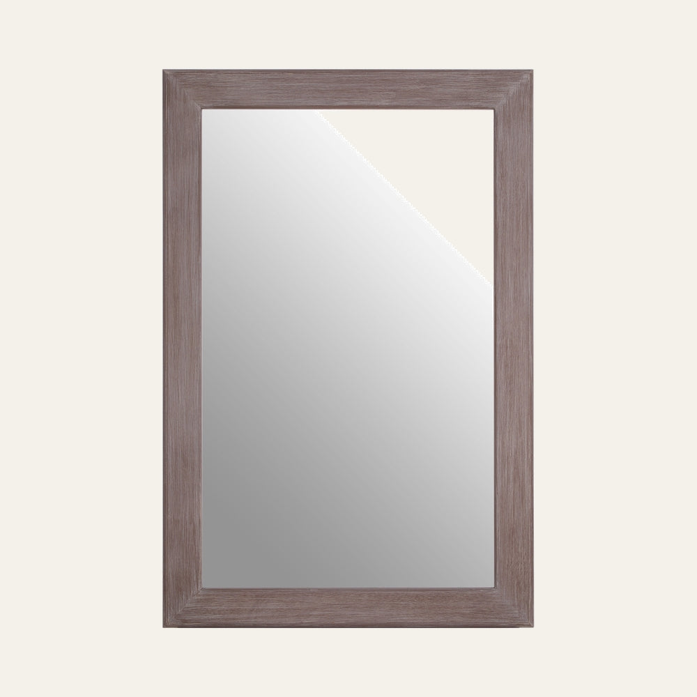 Arlen Mirror — rectangular wall mirror with wide textured gray-brown wood frame and clear glass