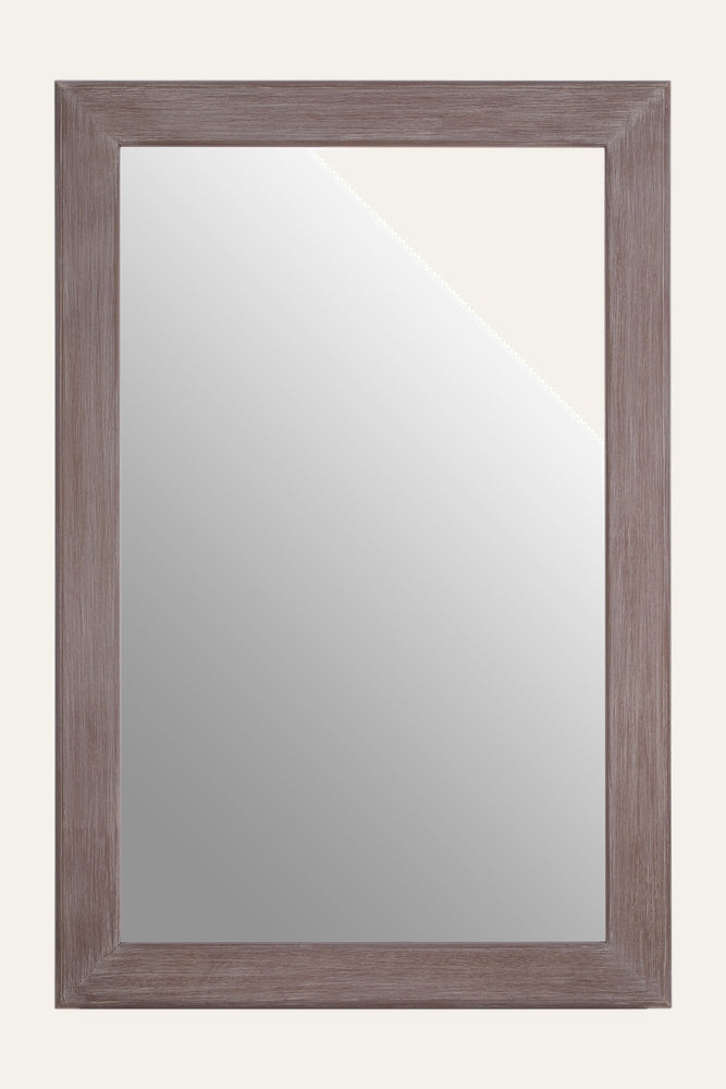 Arlen Mirror — rectangular wall mirror with wide weathered gray-brown wood-grain frame and mitered corners