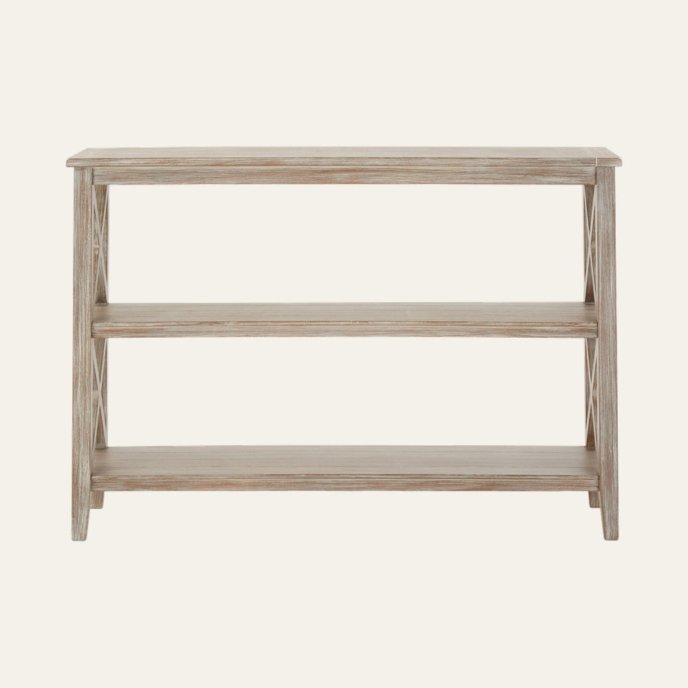 Arlen Open Frame Bookcase, three-tier open shelf bookcase in light whitewashed wood finish with X-brace side details