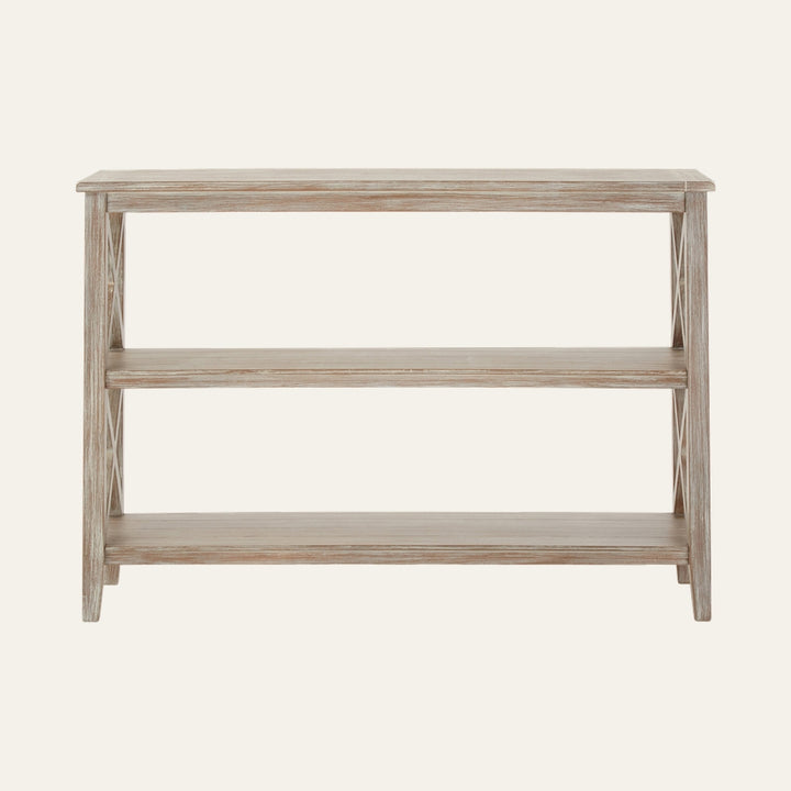 Arlen Open Frame Bookcase, three-tier open shelf bookcase in light whitewashed wood finish with X-brace side details