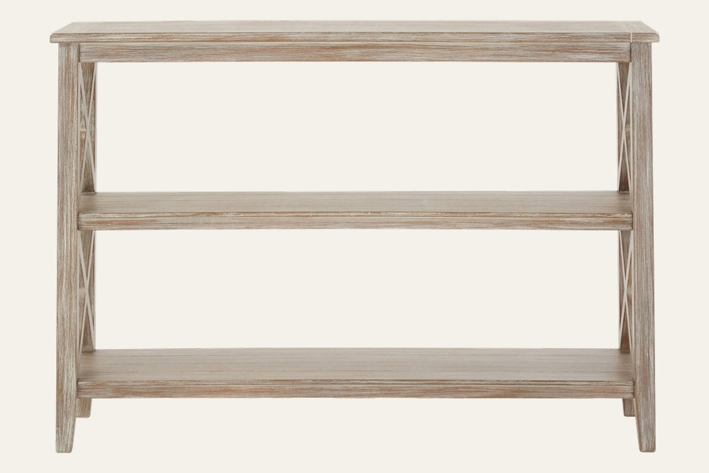 Arlen Open Frame Bookcase — three-tier open shelving in light weathered wood finish with X-shaped side supports