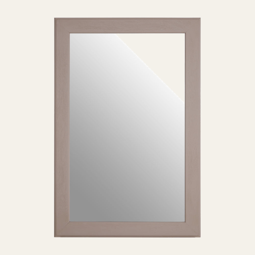 Arlen Open Mirror — vertical rectangular wall mirror with wide light-taupe wood frame and clear reflective glass