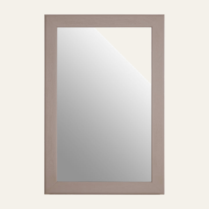 Arlen Open Mirror — vertical rectangular wall mirror with wide light-taupe wood frame and clear reflective glass