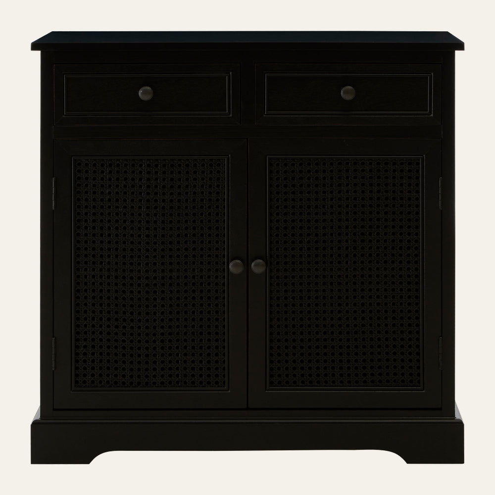 Arlen Rattan Wood Sideboard in black wood finish with woven rattan double doors, two top drawers and round metal knobs