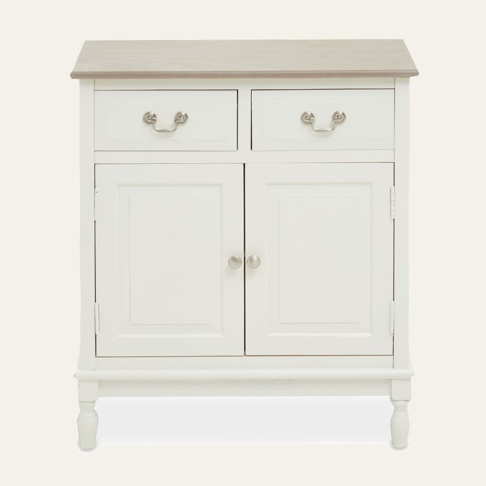 Arlen Two Drawer Sideboard with white painted body, light natural wood top, two upper drawers with silver bail handles, double doors with round silver knobs and turned legs.