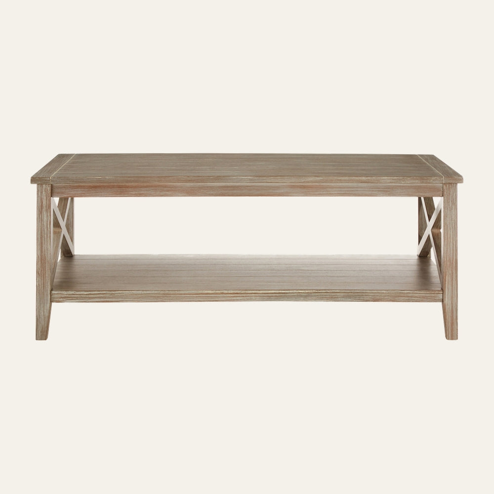 Arlen Wood Coffee Table with rectangular plank top and lower shelf in weathered light wood finish, X-brace side supports and straight legs