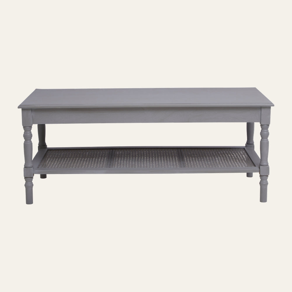 Arlen Wood Coffee Table with rectangular gray painted wood top, turned legs and woven cane lower shelf