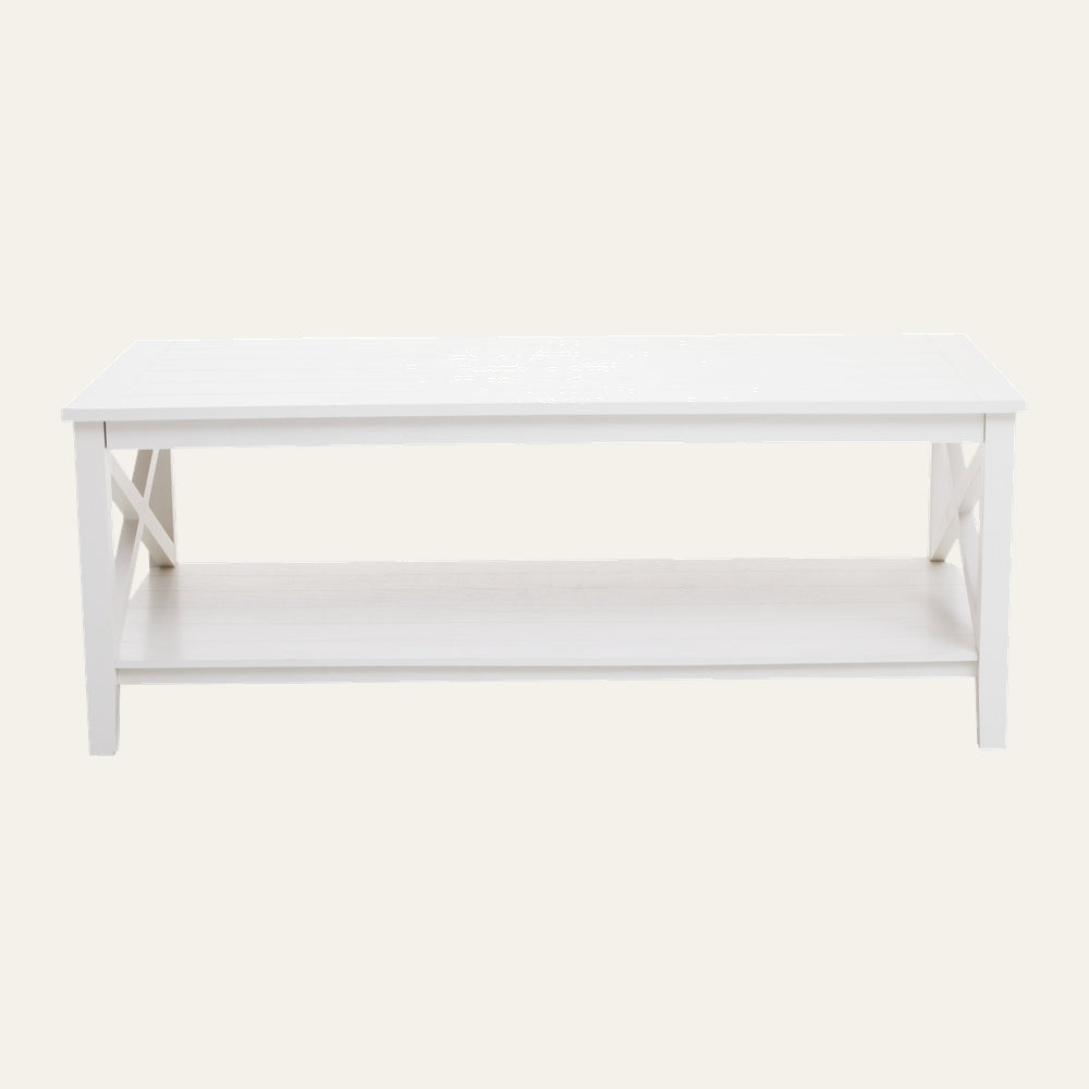 Arlen Wood Coffee Table, rectangular white painted wood coffee table with lower shelf and X-brace side supports