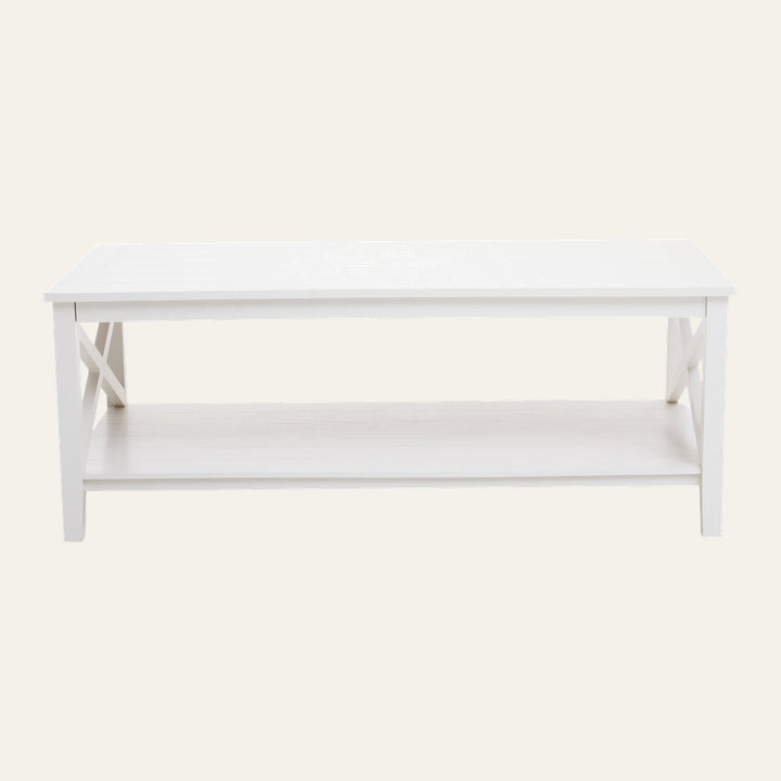 Arlen Wood Coffee Table, rectangular white painted wood coffee table with lower shelf and X-brace side supports