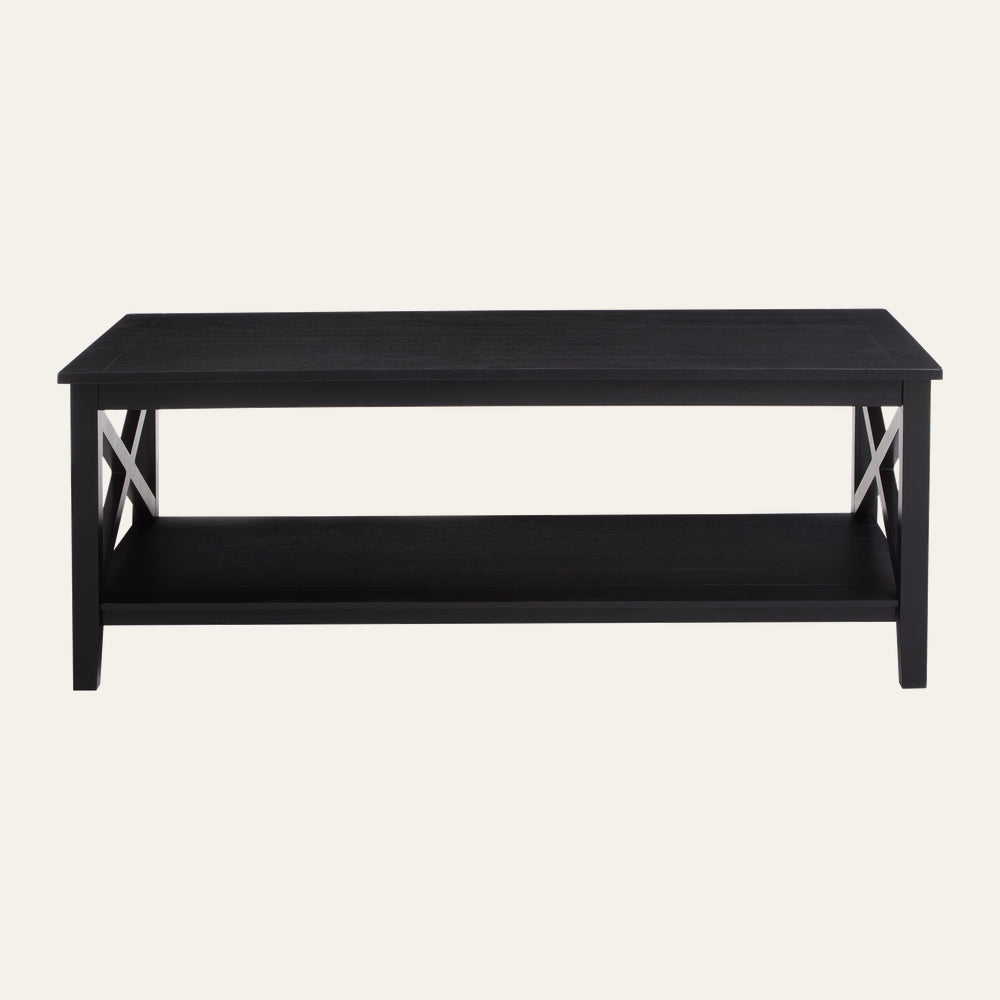 Arlen Wood Coffee Table with rectangular black wood top, full-width lower shelf and white X-shaped side supports