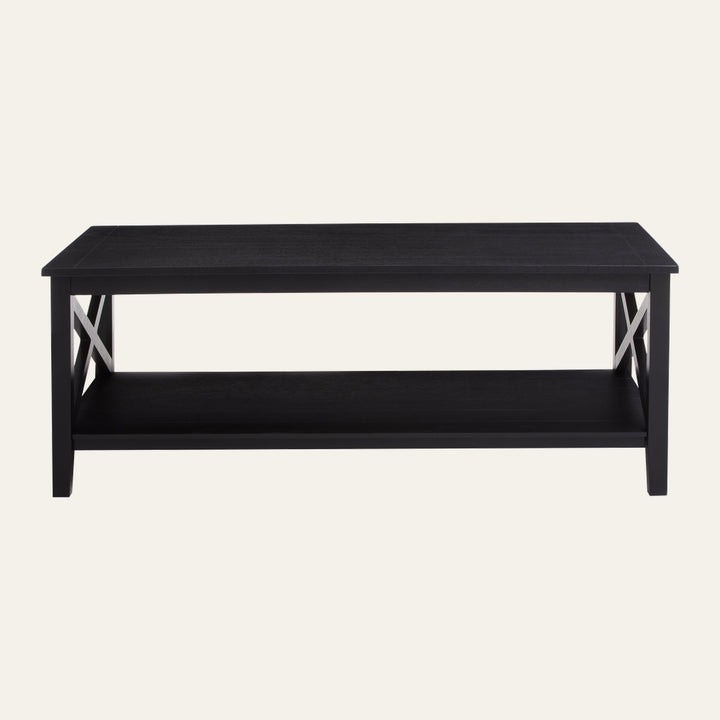 Arlen Wood Coffee Table with rectangular black wood top, full-width lower shelf and white X-shaped side supports