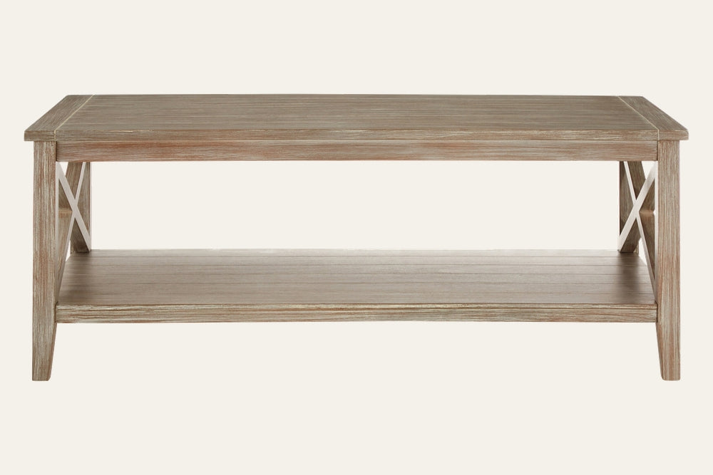 Arlen Wood Coffee Table, rectangular wood coffee table with light weathered finish, lower shelf and X-shaped side supports