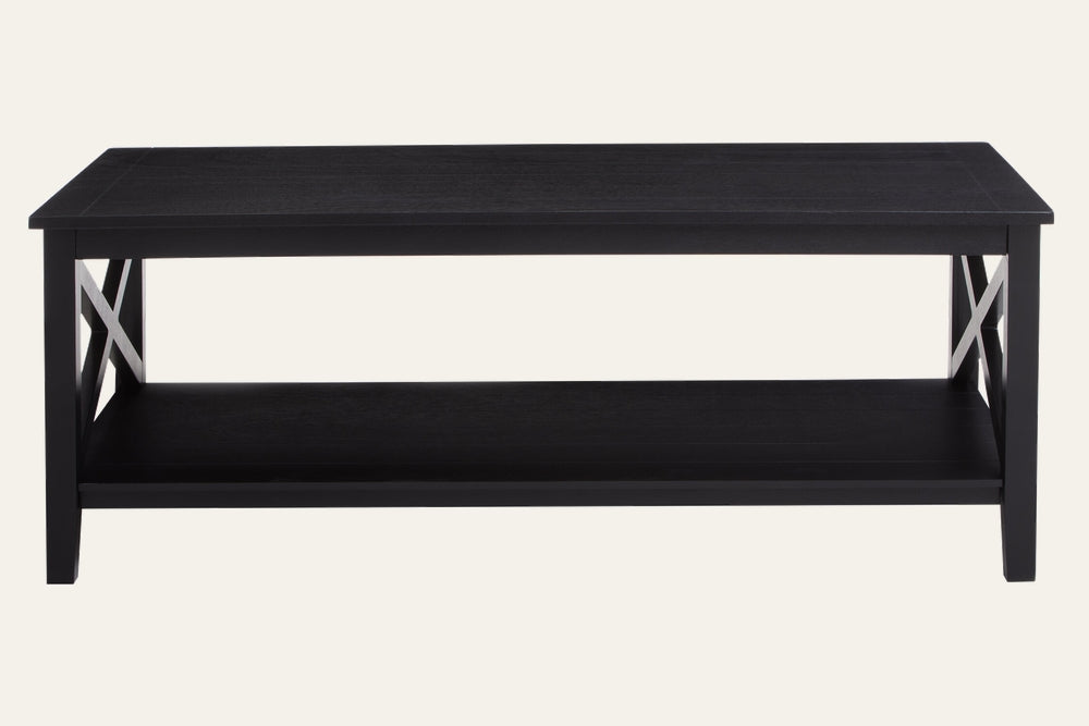 Arlen Wood Coffee Table - rectangular black wood coffee table with a lower shelf and X-shaped side supports, smooth top finish