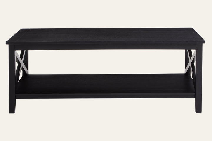 Arlen Wood Coffee Table - rectangular black wood coffee table with a lower shelf and X-shaped side supports, smooth top finish