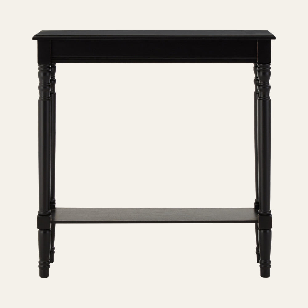 Arlen Wood Console Table in black wood finish with rectangular top, turned legs and lower shelf
