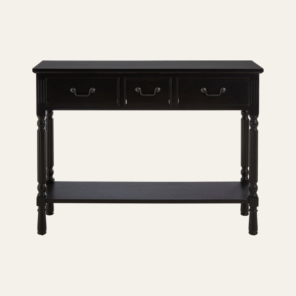Arlen Wood Console Table in black wood finish with rectangular top, three front drawers with metal handles, turned legs and lower shelf