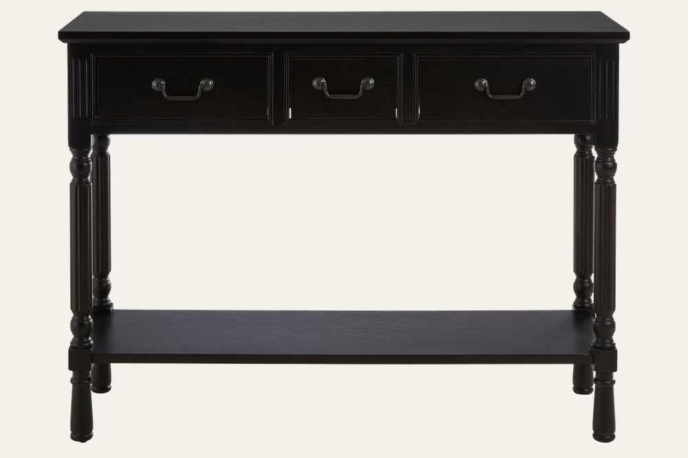 Arlen Wood Console Table in black wood finish with three front drawers and metal handles, turned legs and a lower shelf