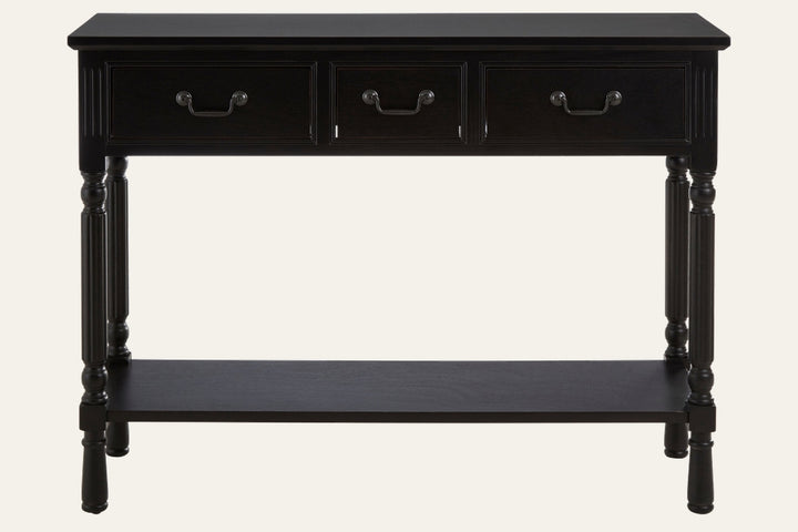 Arlen Wood Console Table in black wood finish with three front drawers and metal handles, turned legs and a lower shelf