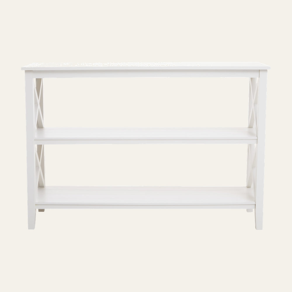 Arlen Wood Large Bookshelf Wall Shelf, white painted wood three-tier wall shelf with open shelves and X-cross side panels