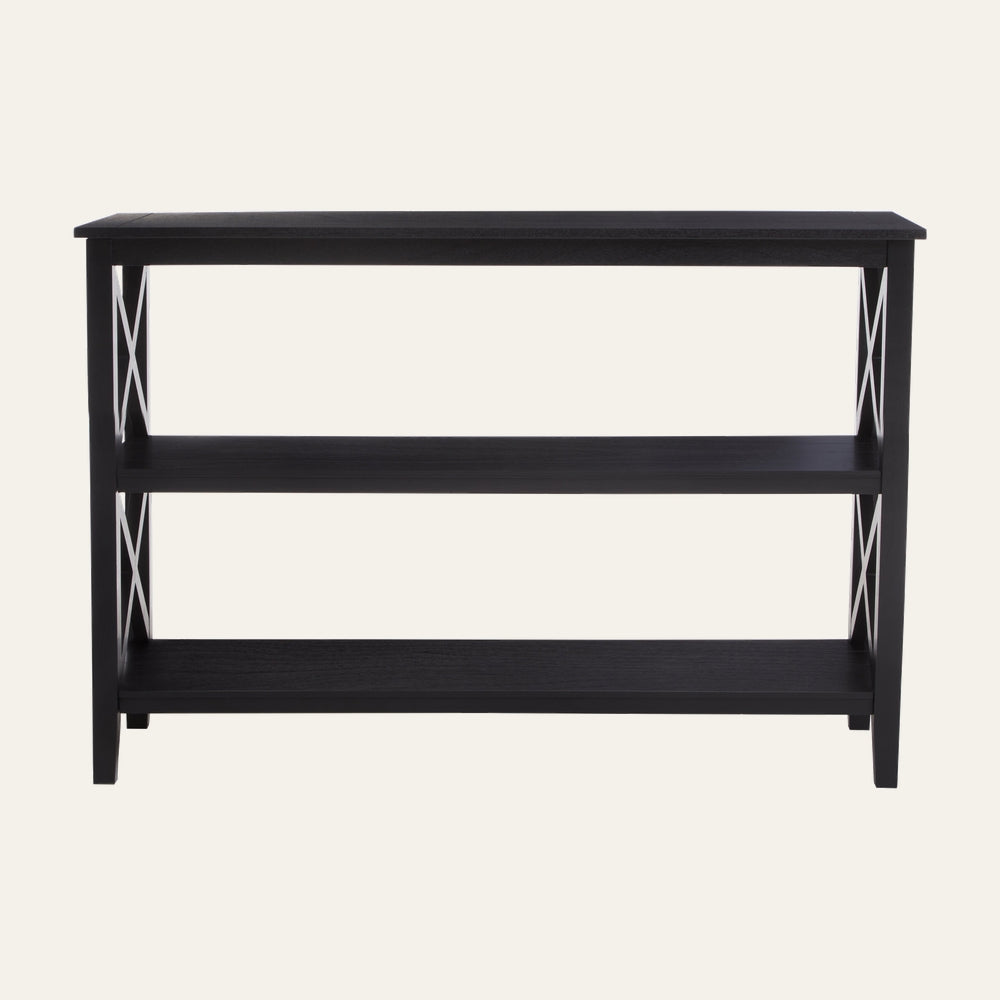 Arlen Wood Large Bookshelf Wall Shelf with black wood finish, three open shelves, and white metal X-brace side supports.