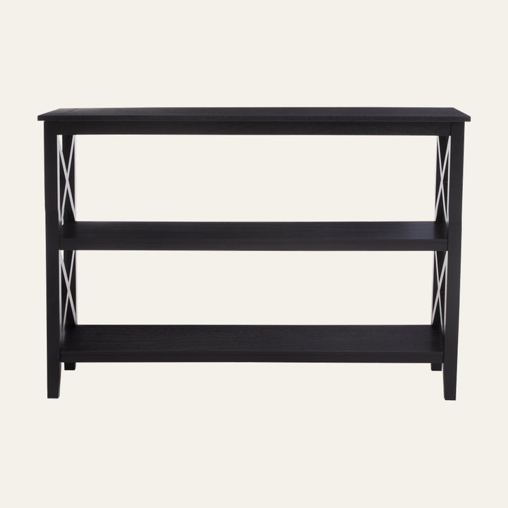 Arlen Wood Large Bookshelf Wall Shelf with black wood finish, three open shelves, and white metal X-brace side supports.