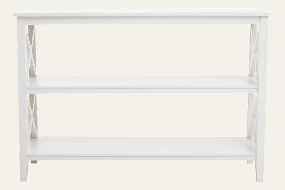 Arlen Wood Large Bookshelf Wall Shelf, three-tier white painted wood with plank-style shelves and X-brace side supports