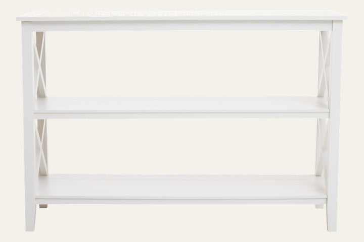 Arlen Wood Large Bookshelf Wall Shelf, three-tier white painted wood with plank-style shelves and X-brace side supports