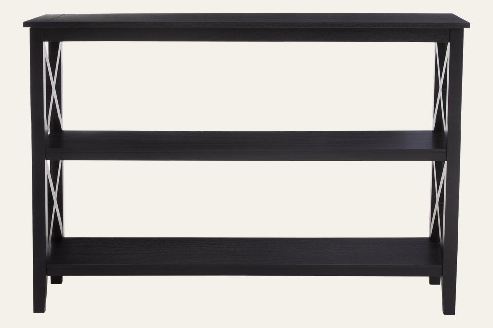 Arlen Wood Large Bookshelf Wall Shelf in black wood finish, three open tiers with visible wood grain and white X metal X-shaped side supports