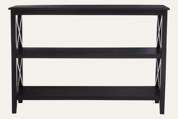 Arlen Wood Large Bookshelf Wall Shelf in black wood finish, three open tiers with visible wood grain and white X metal X-shaped side supports