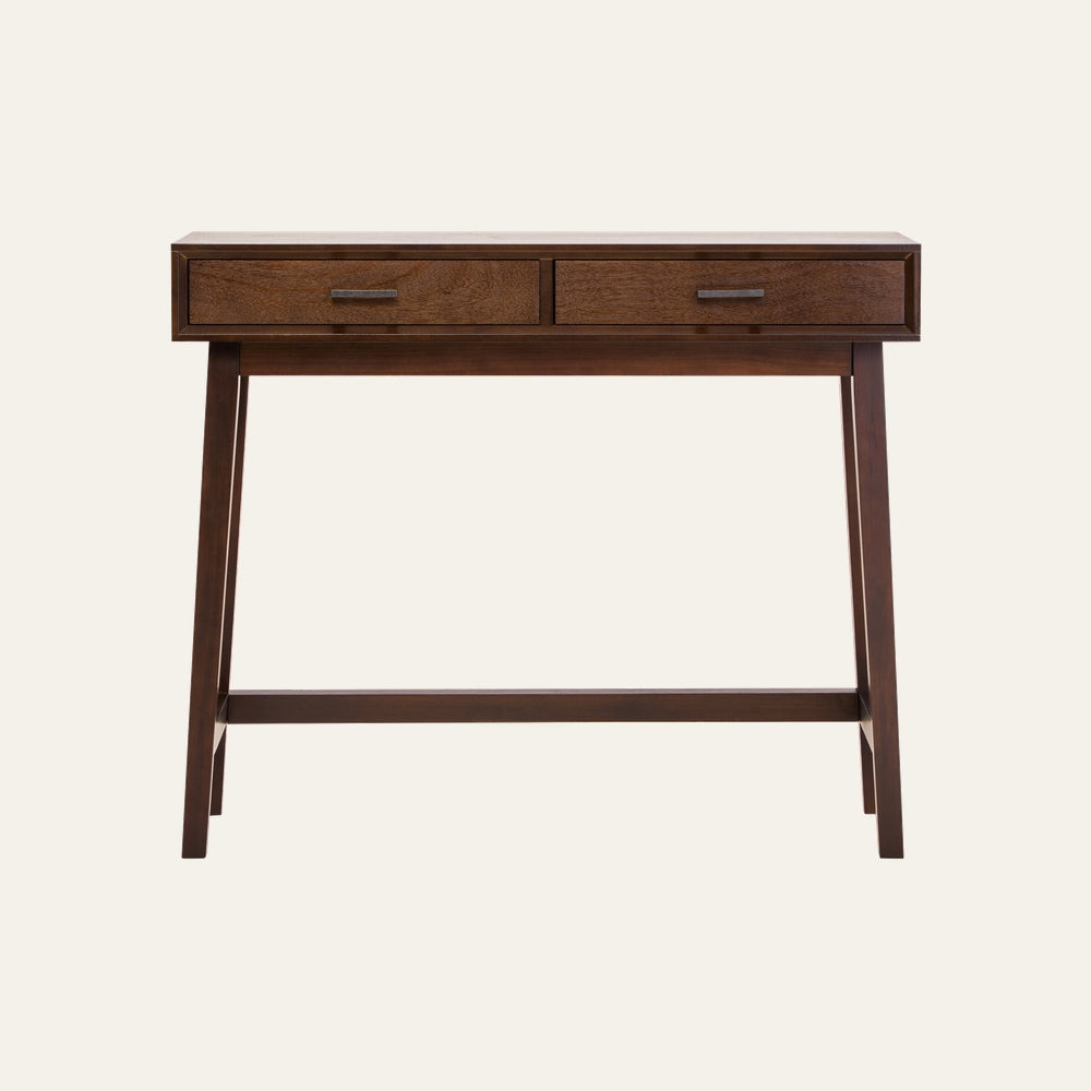 Arlen Wood Top Console Table, two-drawer dark brown wood console with tapered legs, stretcher bar, and metal drawer pulls