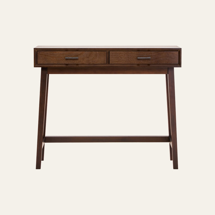 Arlen Wood Top Console Table, two-drawer dark brown wood console with tapered legs, stretcher bar, and metal drawer pulls