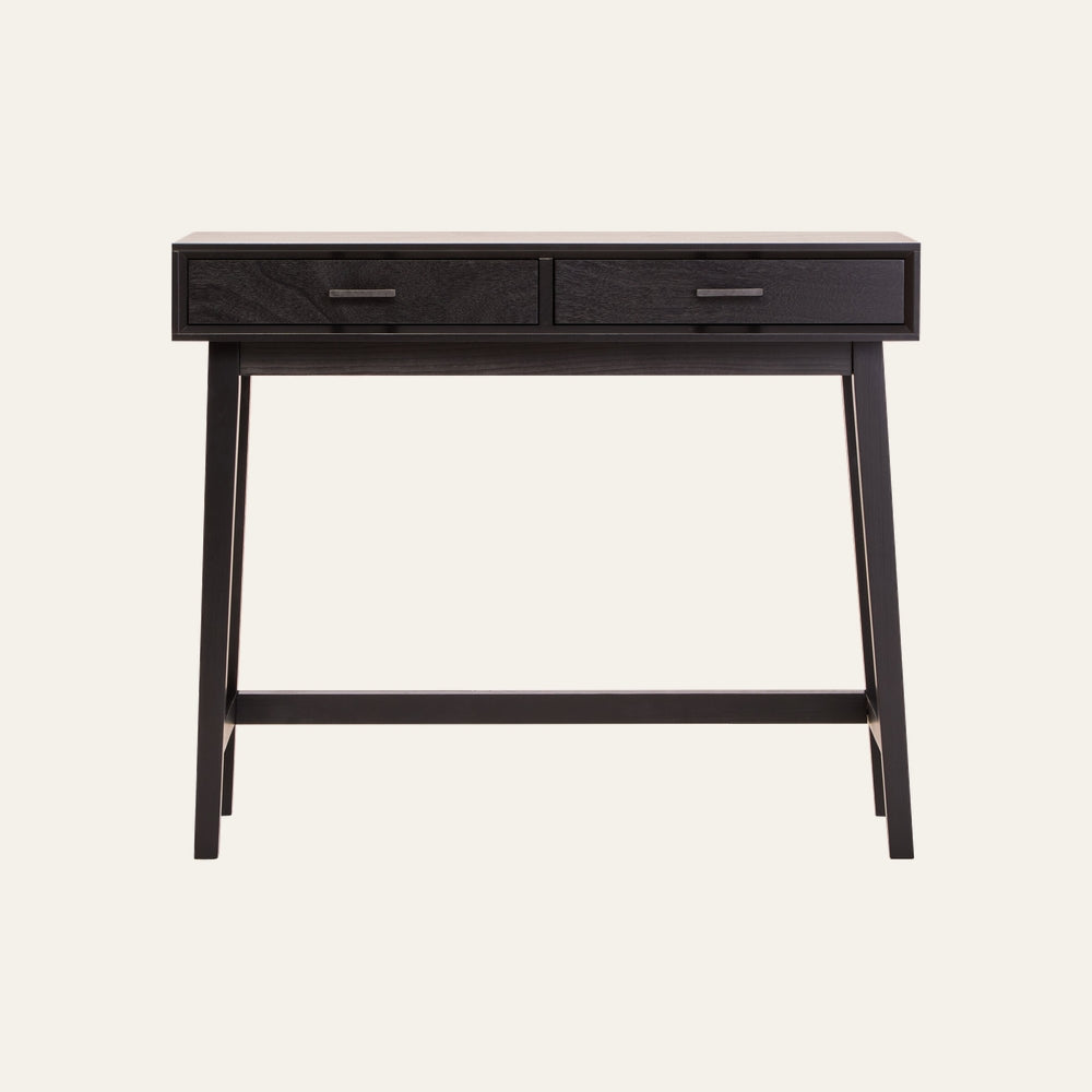 Arlen Wood Top Console Table with dark stained wood top, two front drawers with slim metal pulls, tapered legs and lower stretcher