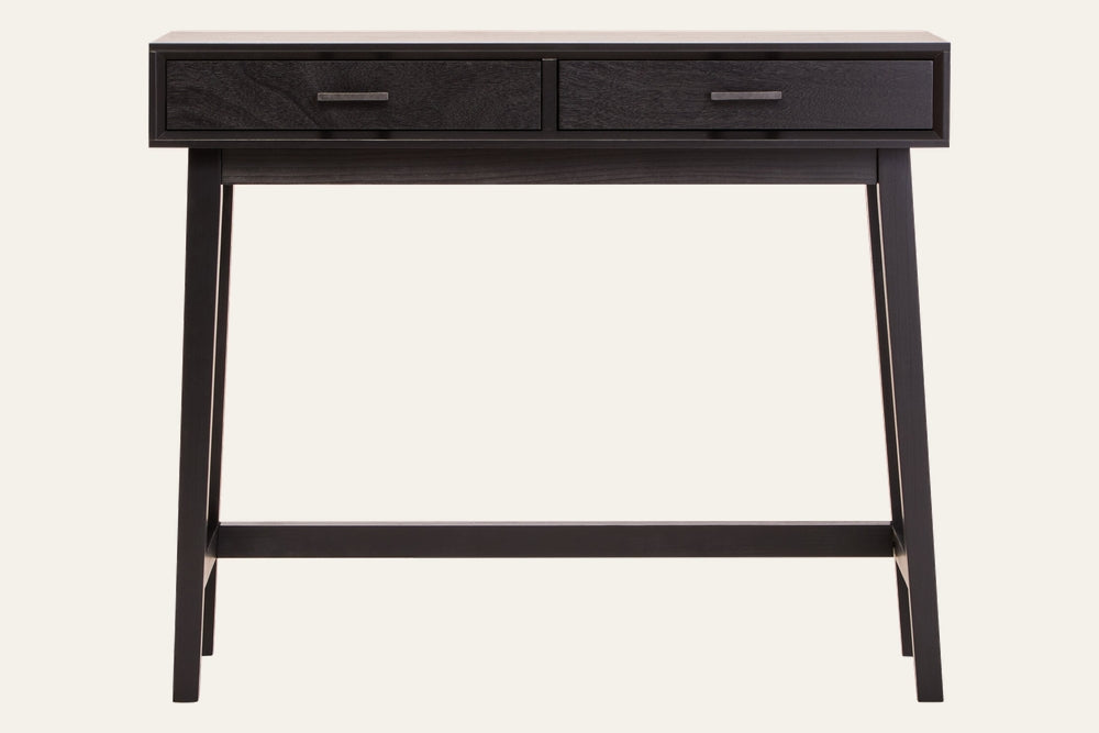 Arlen Wood Top Console Table with dark wood top and matching dark-finished frame, two front drawers with rectangular metal pulls, tapered legs and a horizontal stretcher