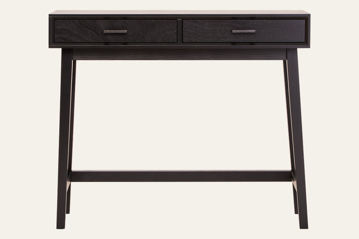 Arlen Wood Top Console Table with dark wood top and matching dark-finished frame, two front drawers with rectangular metal pulls, tapered legs and a horizontal stretcher