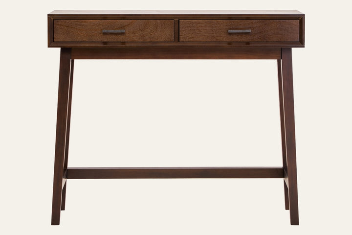 Arlen Wood Top Console Table in dark brown wood finish with two front drawers featuring metal bar pulls, tapered legs and a lower stretcher