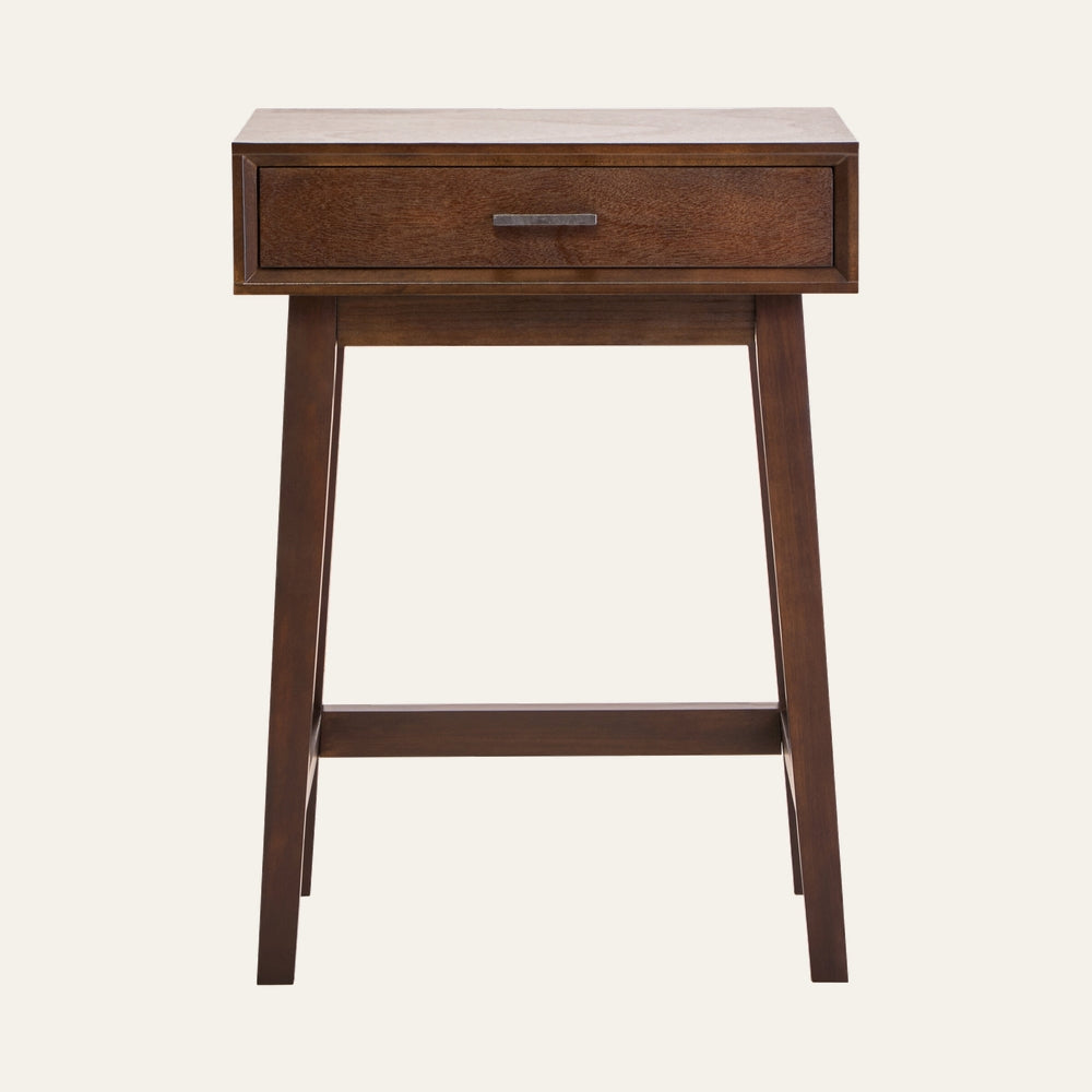 Arlen Wood Top Side Table with rectangular wood top, single front drawer with metal pull, tapered legs and warm brown finish