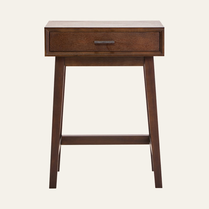 Arlen Wood Top Side Table with rectangular wood top, single front drawer with metal pull, tapered legs and warm brown finish