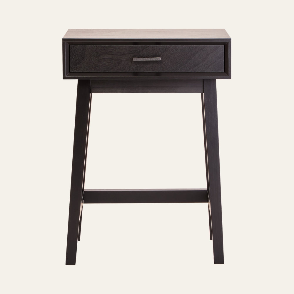 Arlen Wood Top Side Table with dark stained wood top, single drawer with metal pull and tapered legs