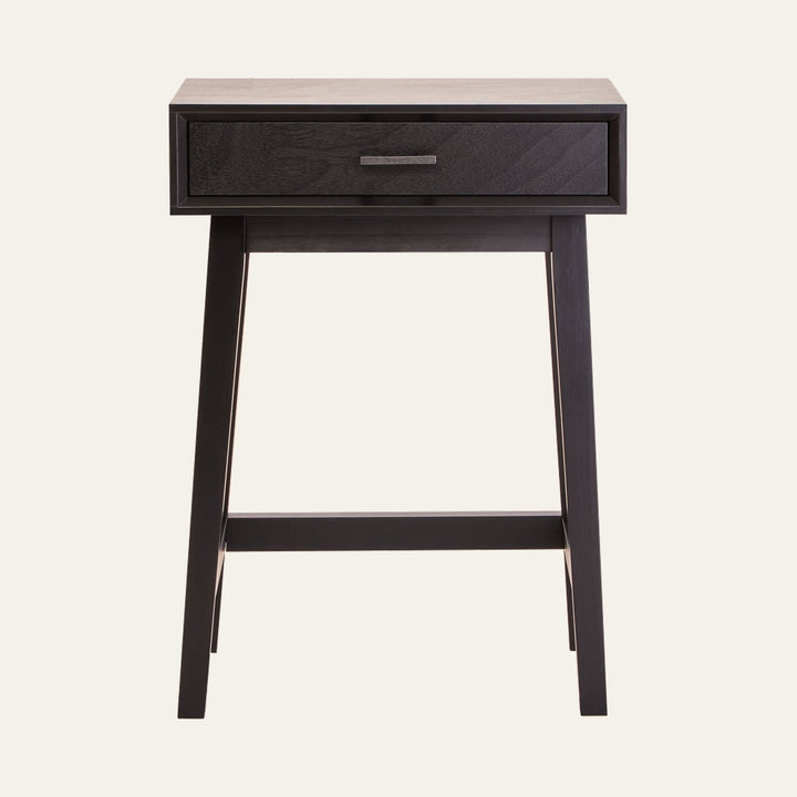 Arlen Wood Top Side Table with dark stained wood top, single drawer with metal pull and tapered legs