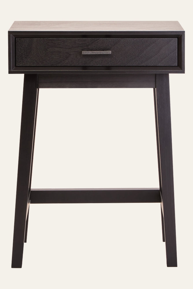 Arlen Wood Top Side Table with rectangular wood top, single front drawer with metal bar handle, dark stained tapered legs and lower stretcher