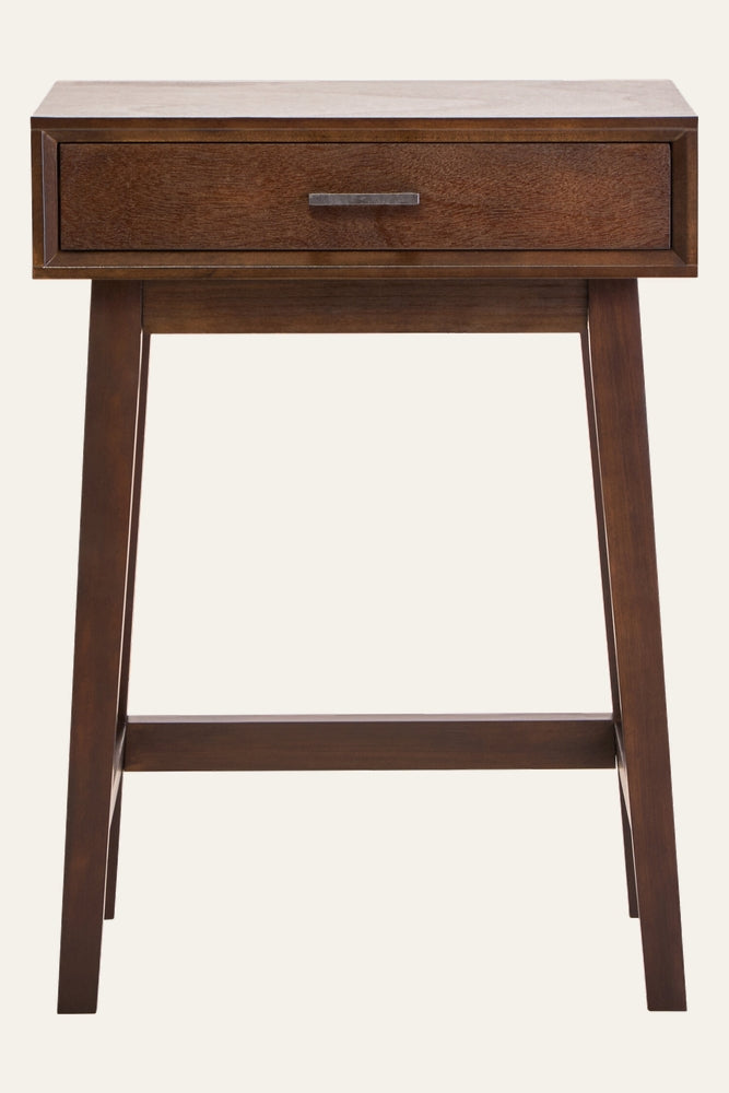 Arlen Wood Top Side Table with dark brown wood top, single front drawer with metal pull, tapered legs and lower stretcher