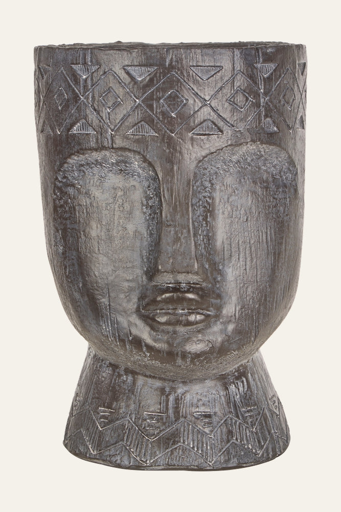 Arric Face Resin Planter with stylized carved face, textured weathered gray resin finish and geometric carved bands around the top and base