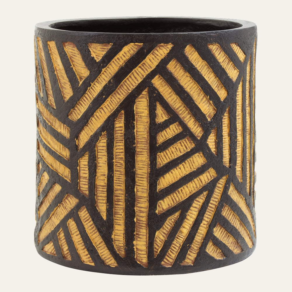Arric Natural Black Planter, cylindrical open-top planter with textured carved geometric pattern, matte black raised lines revealing natural golden carved grooves