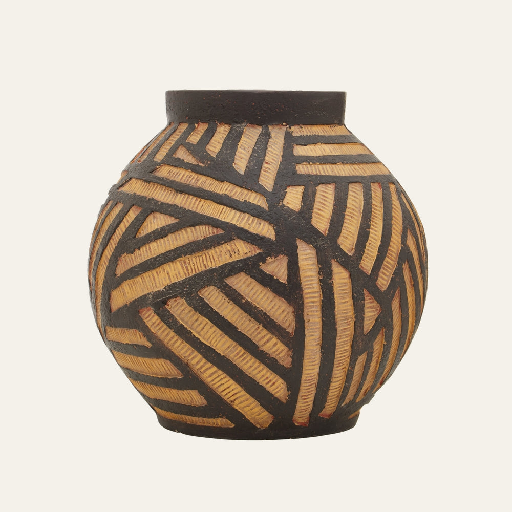 Arric Round Natural Vase — round bulbous textured clay vase with narrow neck, matte dark brown finish and carved natural tan geometric stripe pattern.