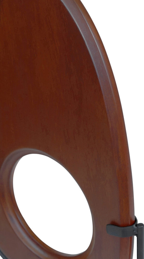 Arsen Wood Vertical Sculpture close-up of warm brown oval wooden form with central round cutout, smooth polished finish and visible wood grain, secured by a black metal stand