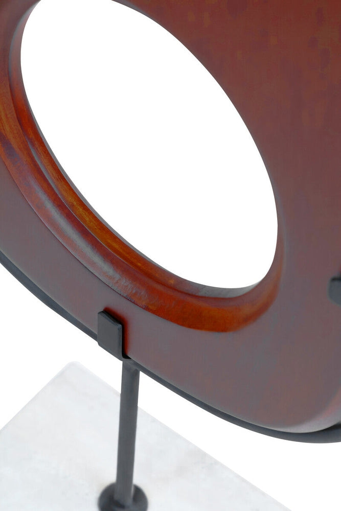 Arsen Wood Vertical Sculpture, close-up of polished reddish-brown wooden ring with oval center mounted on a black metal rod and white square base