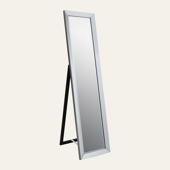 Auren Silver Floor Mirror, full-length rectangular mirror with silver beveled frame and black angled easel stand